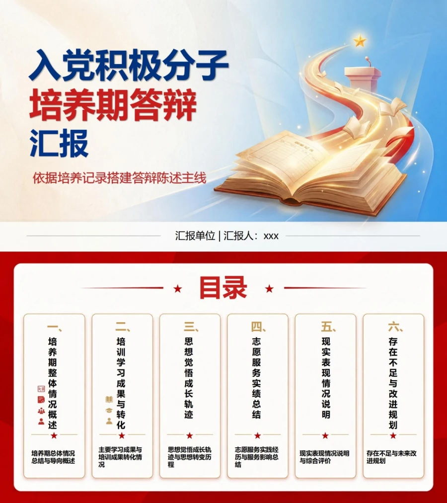 入党积极分子答辩准备PPT：依据培养记录搭建答辩陈述主线｜课件+讲稿封面图1