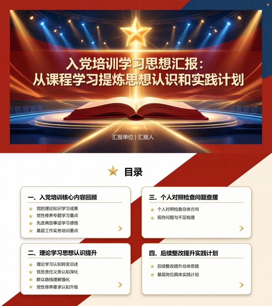 入党培训思想汇报PPT：从课程学习提炼思想认识和实践计划｜课件+讲稿封面图1