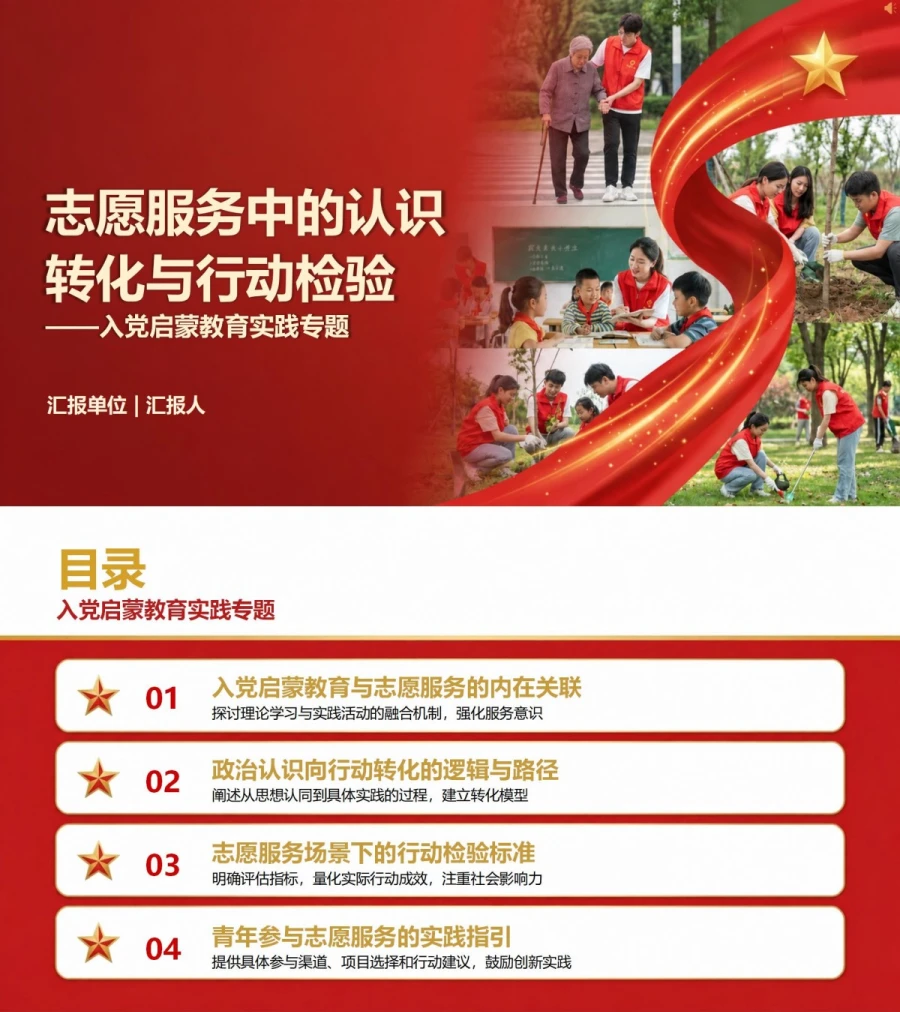 入党启蒙教育实践PPT：志愿服务中的认识转化与行动检验｜课件+讲稿封面图1
