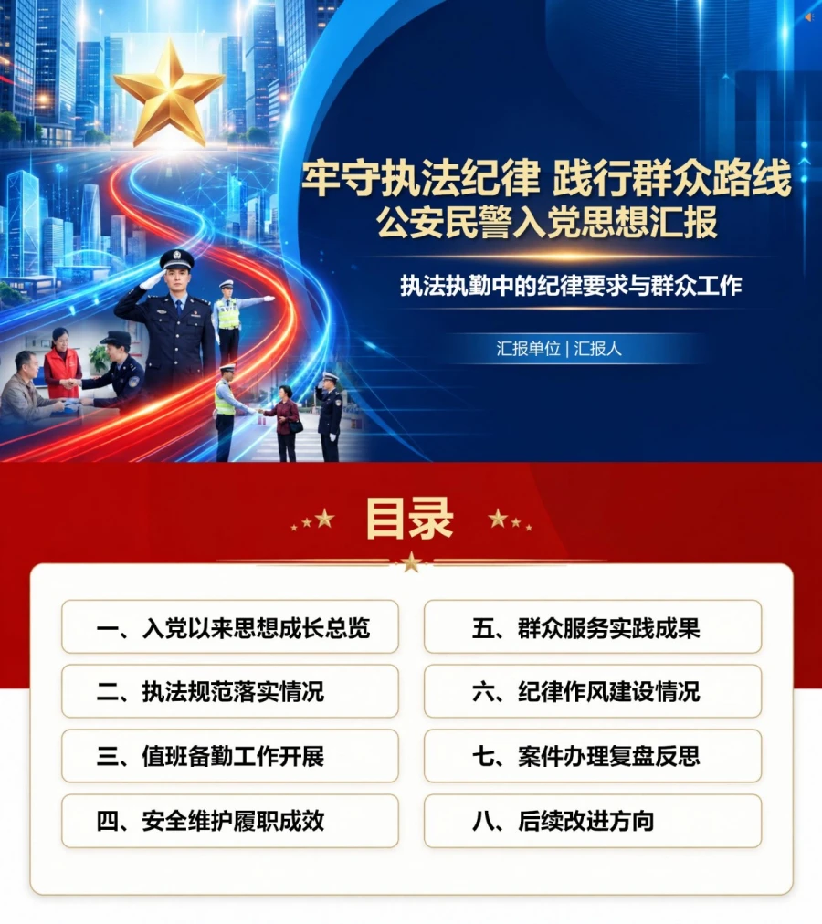 公安民警入党思想汇报PPT：执法执勤中的纪律要求与群众工作｜课件+讲稿封面图1