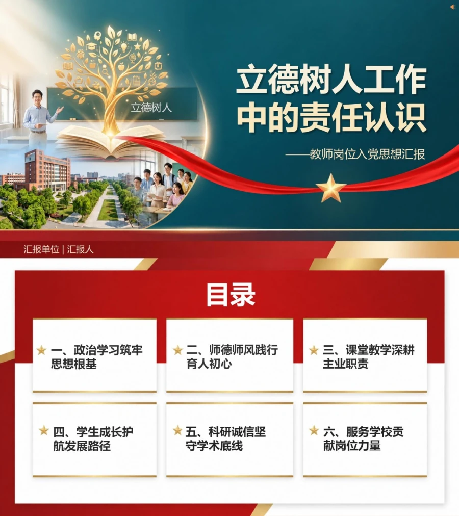 教师入党思想汇报PPT：立德树人工作中的责任认识｜课件+讲稿封面图1