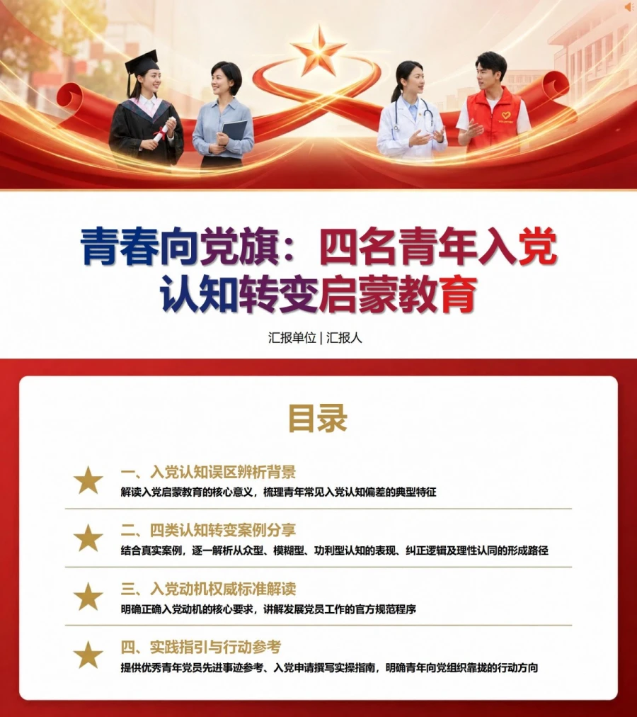 入党启蒙教育案例PPT：四名青年的入党认识转变｜课件+讲稿封面图1