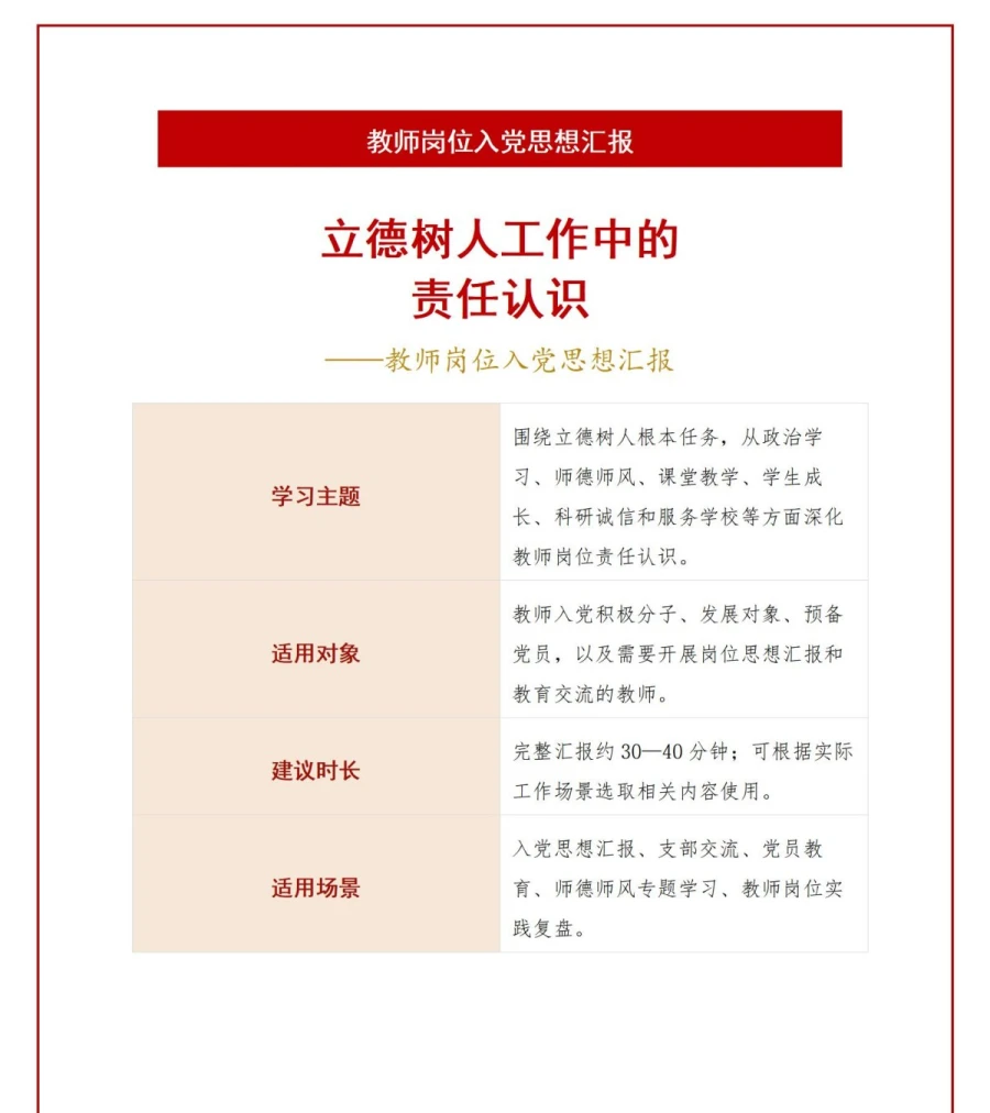 教师入党思想汇报PPT：立德树人工作中的责任认识｜课件+讲稿讲稿预览1