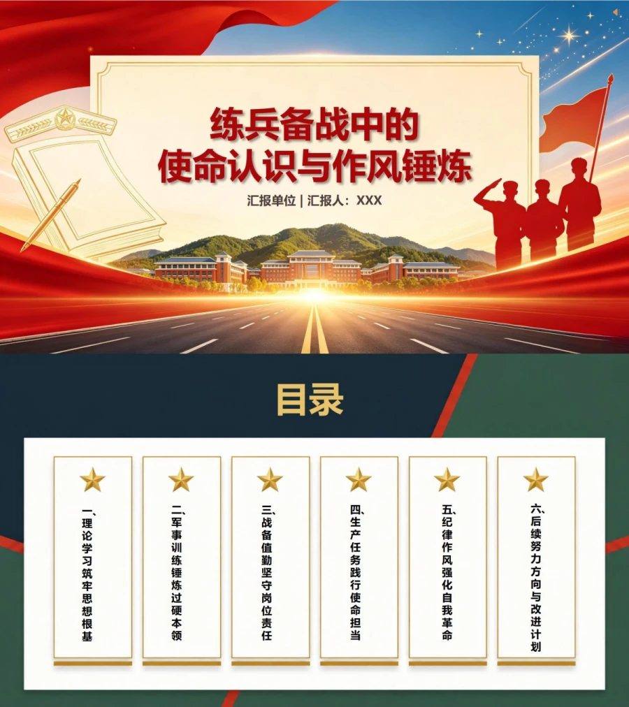 部队入党积极分子思想汇报PPT：练兵备战中的使命认识与作风锤炼｜课件+讲稿封面图1