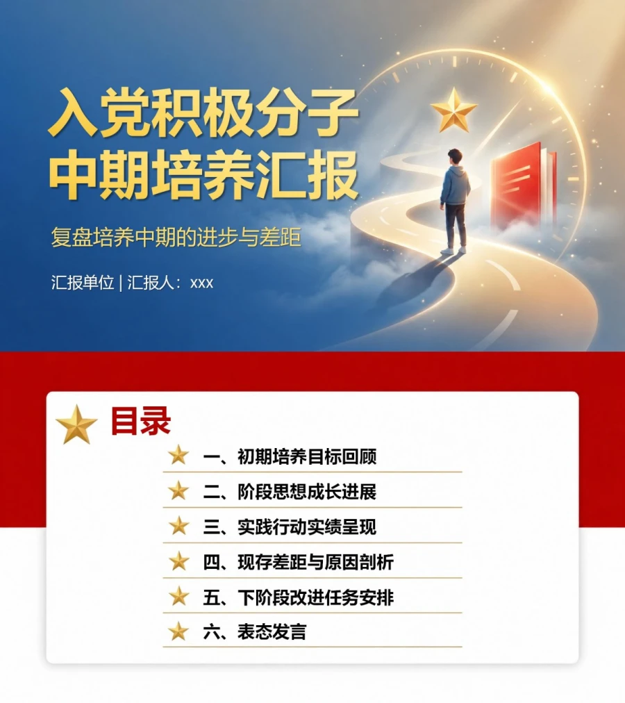 入党积极分子中期答辩PPT：复盘培养中期的进步与差距｜课件+讲稿封面图1