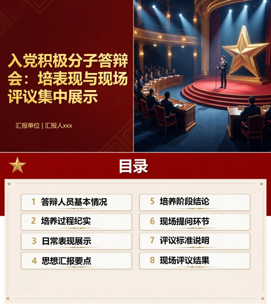 入党积极分子答辩会PPT：培养表现和现场评议的集中展示｜课件+讲稿封面图1