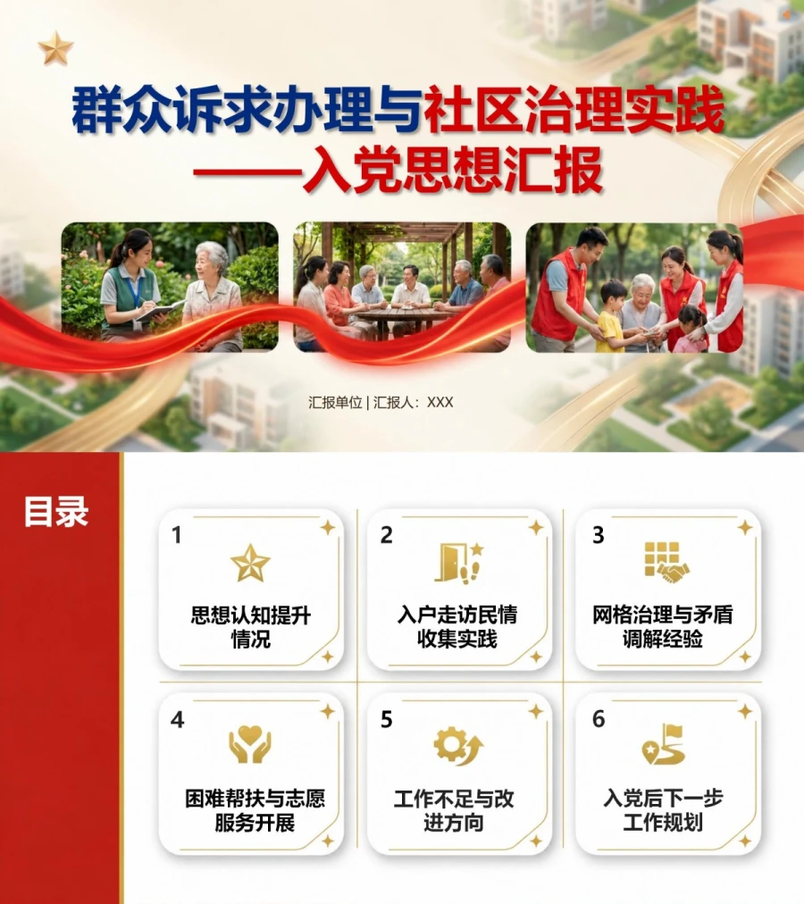 社区工作者入党思想汇报PPT：群众诉求办理与社区治理实践｜课件+讲稿封面图1