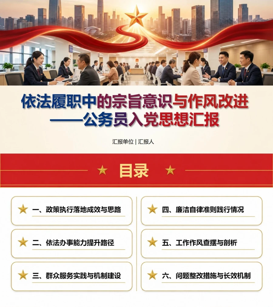 公务员入党思想汇报PPT：依法履职中的宗旨意识与作风改进｜课件+讲稿封面图1