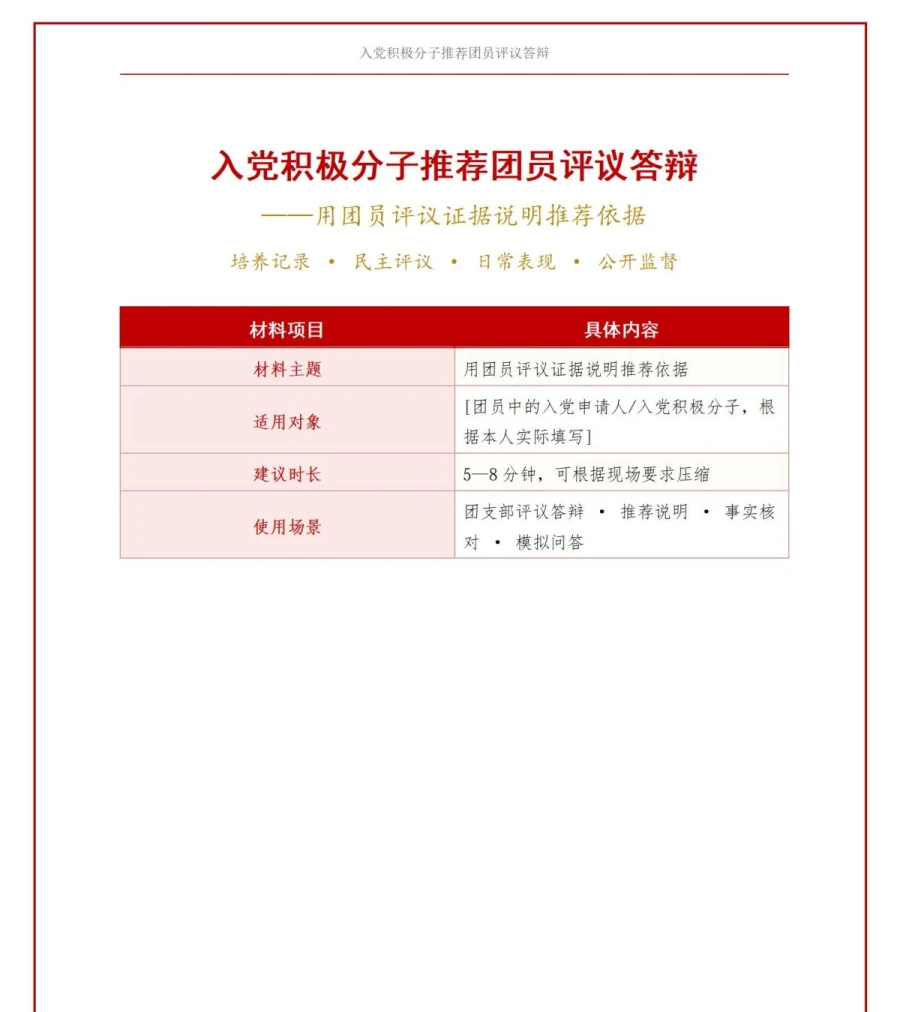 团支部入党推优答辩PPT：用团员评议证据说明推荐依据｜课件+讲稿讲稿预览1