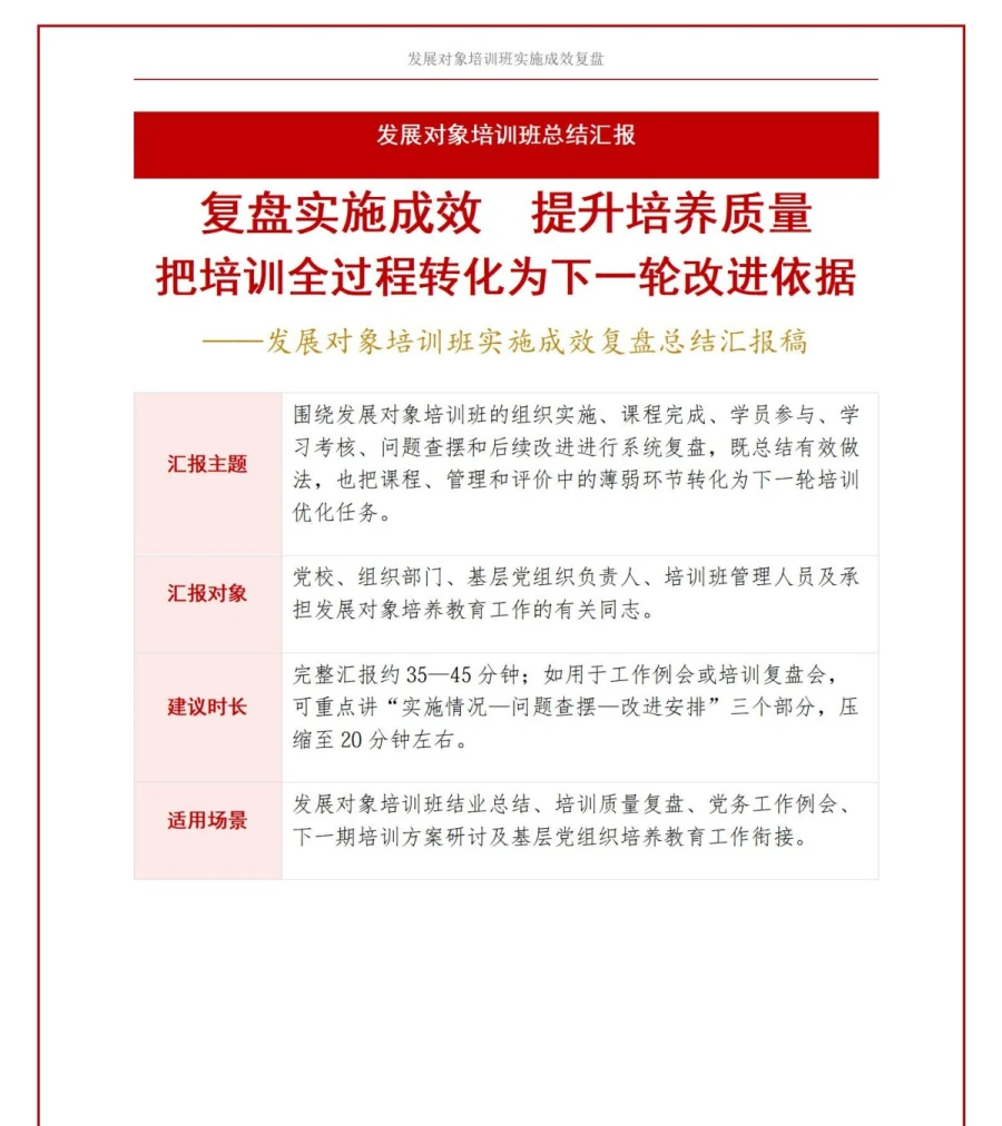 入党发展对象培训班总结汇报PPT：培训班实施成效的完整复盘｜课件＋讲稿讲稿预览1