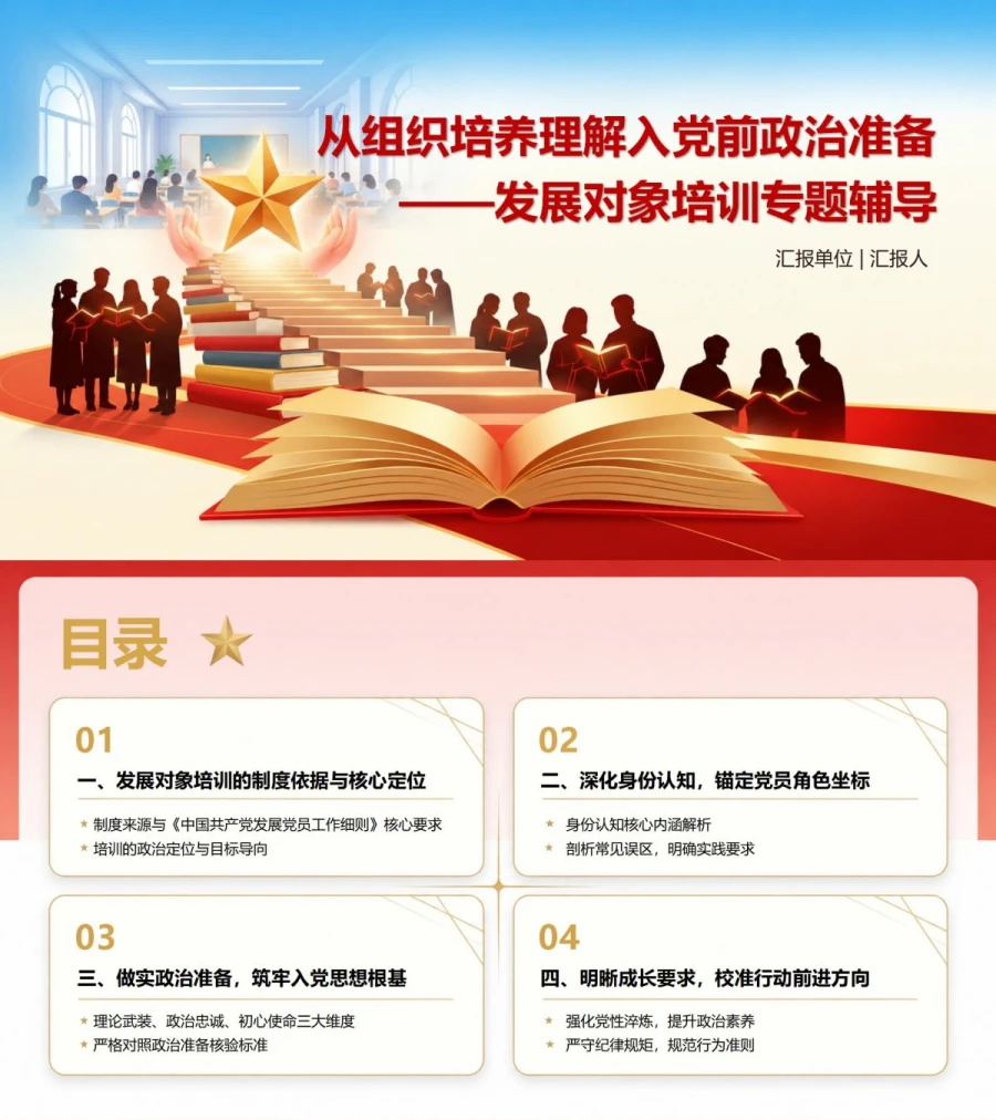 入党发展对象培训意义PPT：从组织培养理解入党前政治准备｜课件+讲稿封面图1