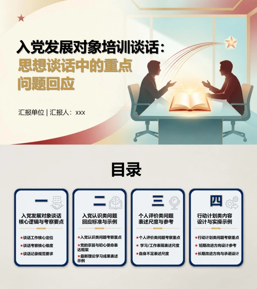 入党发展对象培训谈话PPT：思想谈话中的重点问题回应｜课件+讲稿封面图1