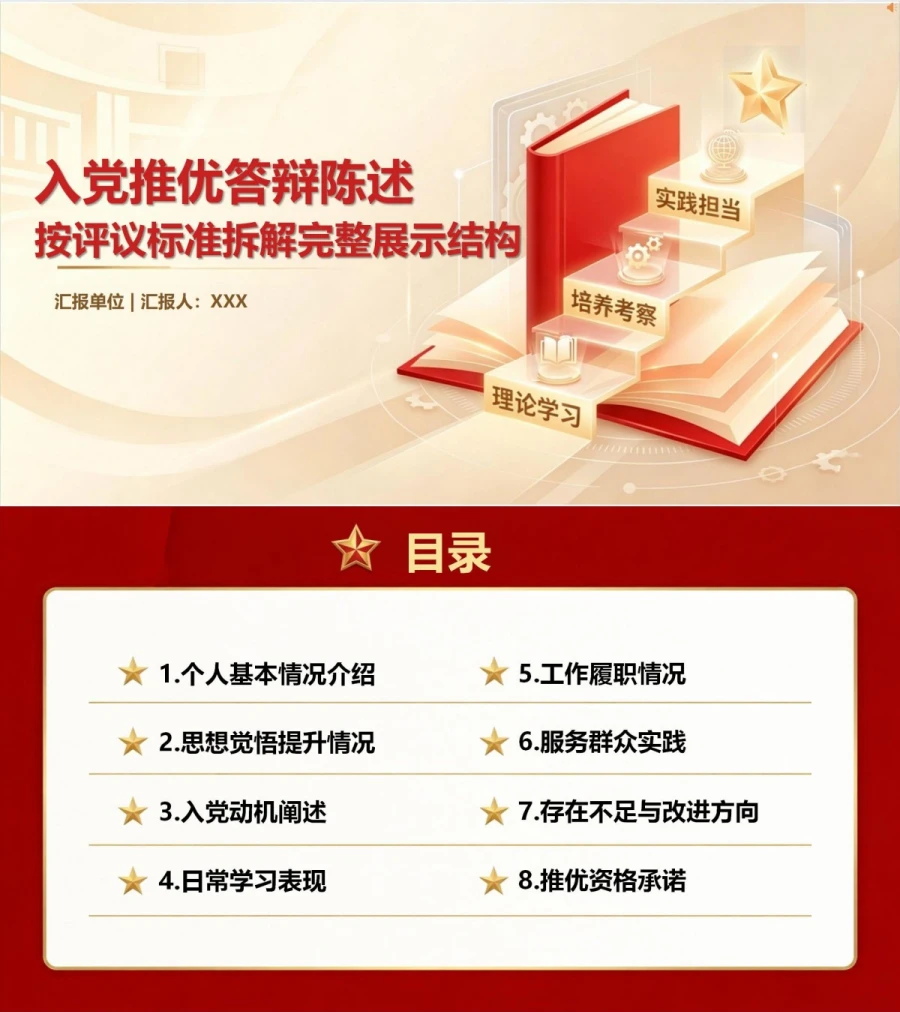 入党推优答辩内容PPT：按评议标准拆解完整展示结构｜课件+讲稿封面图1