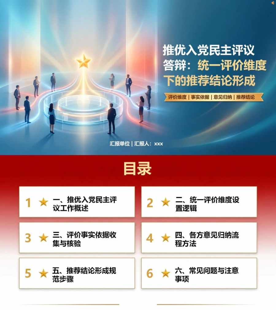 推优入党民主评议答辩PPT：用统一评价维度形成推荐结论｜课件+讲稿封面图1