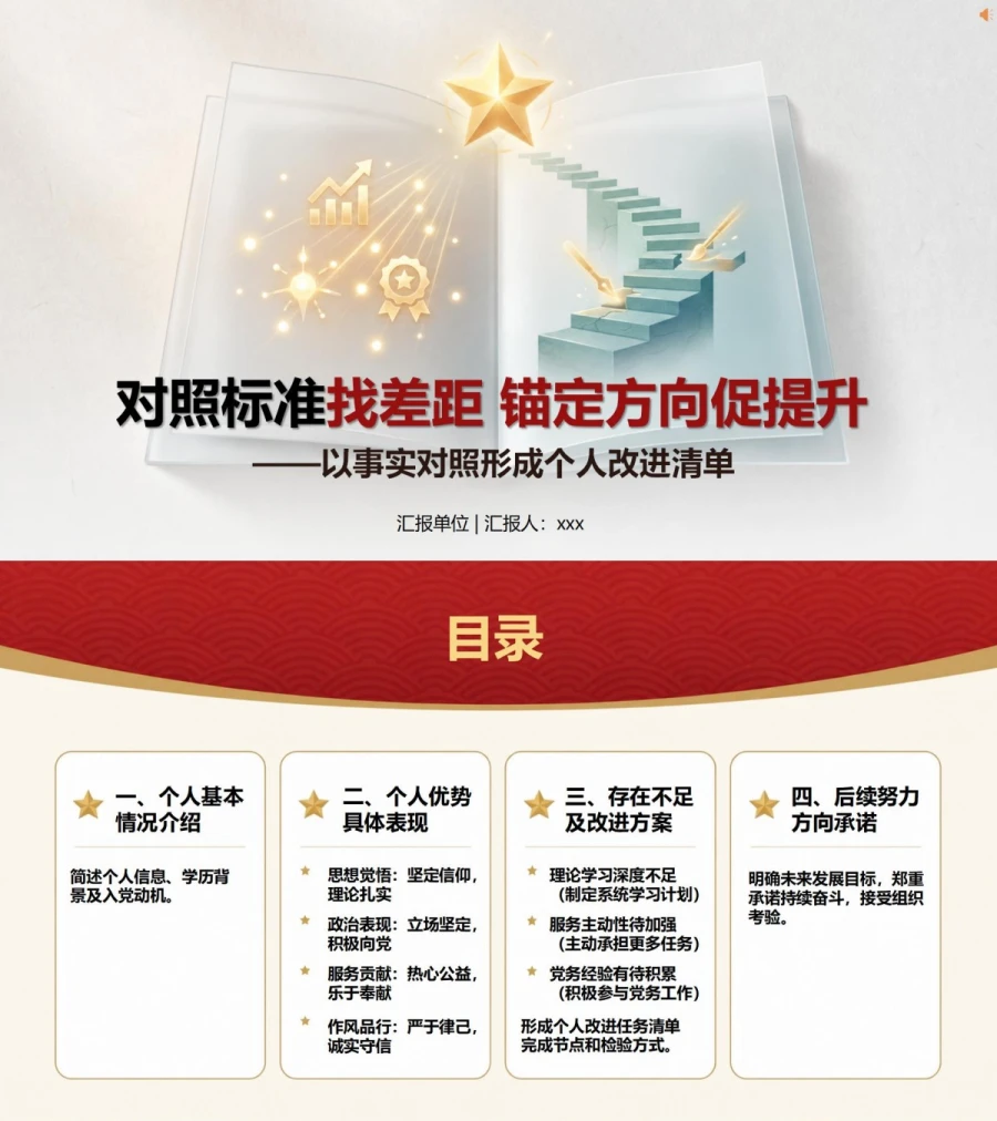 入党推优答辩优缺点PPT：以事实对照形成个人改进清单｜课件+讲稿封面图1