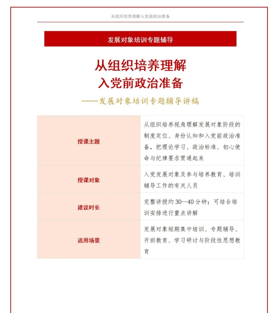 入党发展对象培训意义PPT：从组织培养理解入党前政治准备｜课件+讲稿讲稿预览1