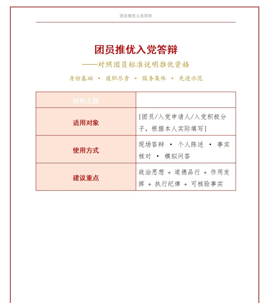 团员推优入党答辩PPT：对照团员标准说明推优资格｜课件+讲稿讲稿预览1