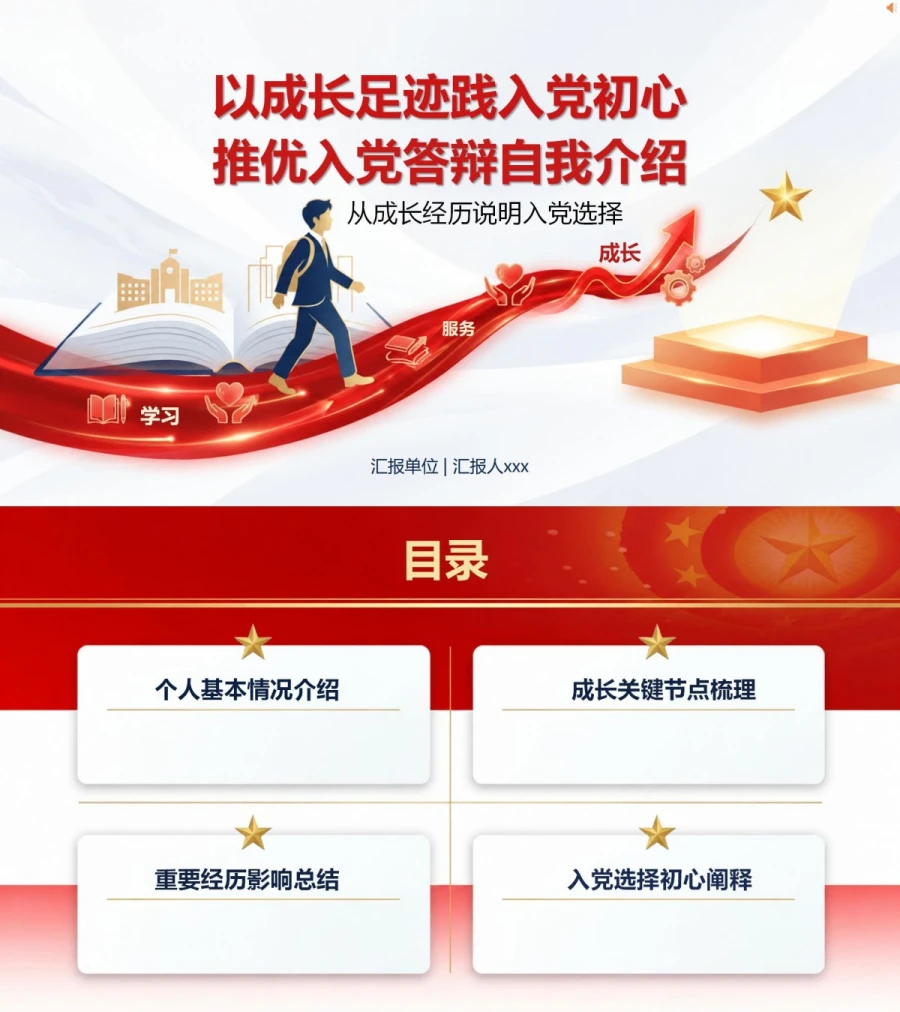 推优入党答辩自我介绍PPT：从成长经历说明入党选择｜课件+讲稿封面图1