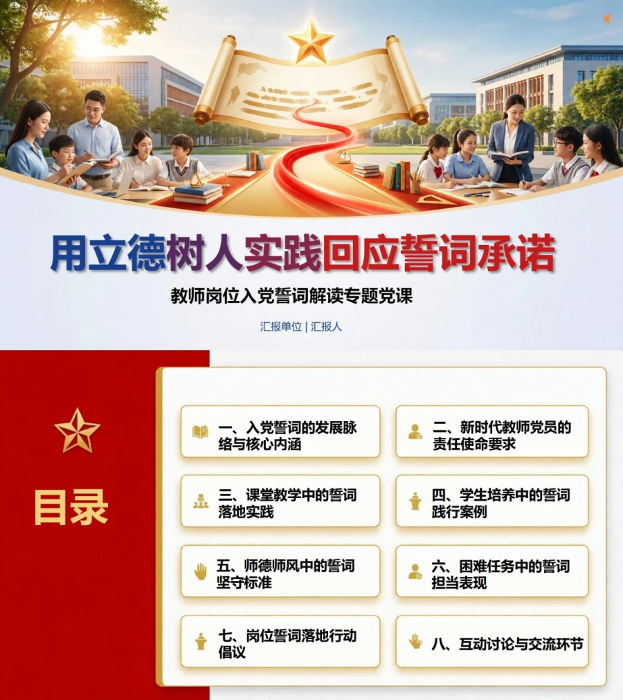 教师解读入党誓词党课PPT：用立德树人实践回应誓词承诺｜课件＋讲稿封面图1