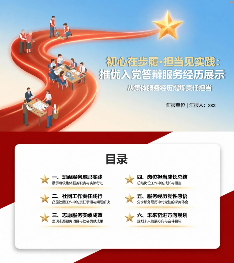 推优入党答辩工作经历PPT：从集体服务经历提炼责任担当｜课件+讲稿封面图1