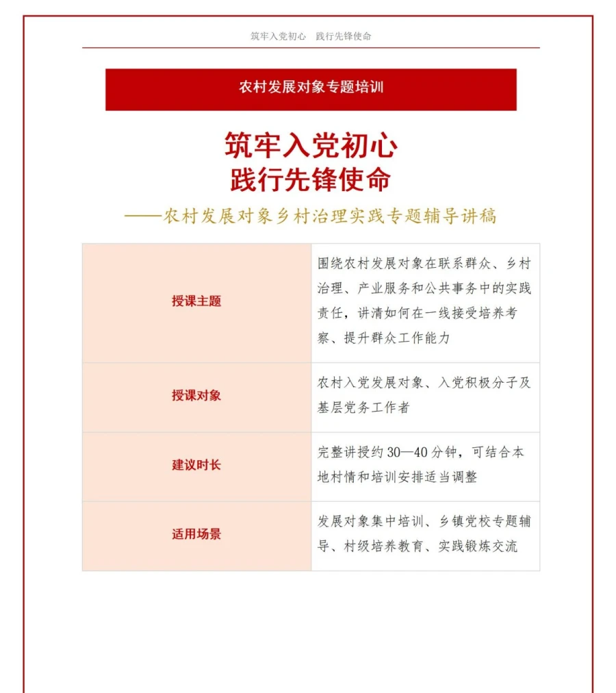 农村入党发展对象培训PPT：乡村治理场景中的先锋作用案例｜课件+讲稿讲稿预览1