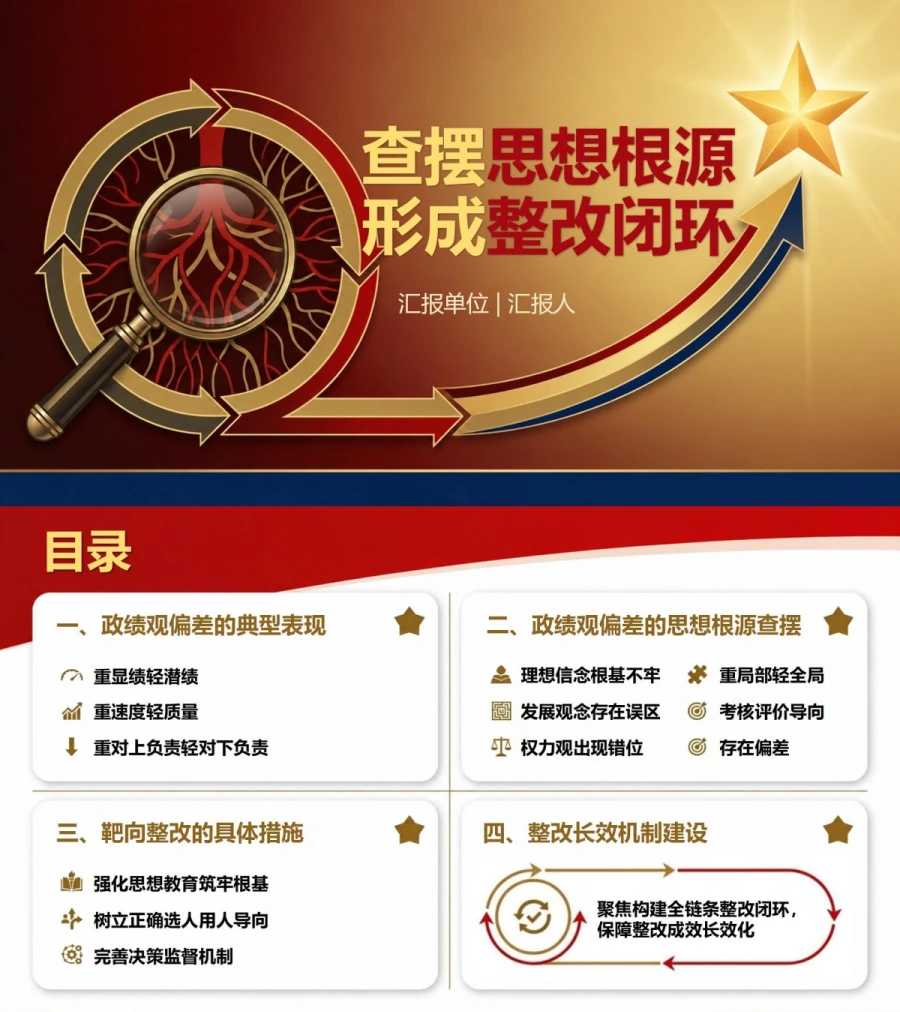 政绩观存在的问题及整改措施PPT：查摆思想根源形成整改闭环｜课件+讲稿封面图1