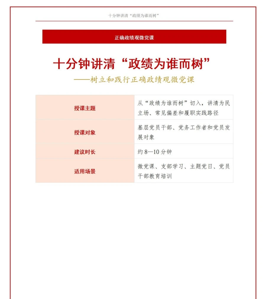 政绩观微党课PPT：十分钟讲清“政绩为谁而树”｜课件+讲稿讲稿预览1