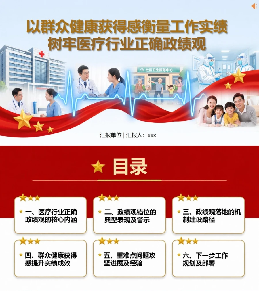 医疗行业正确政绩观PPT：以群众健康获得感衡量工作实绩｜课件+讲稿封面图1