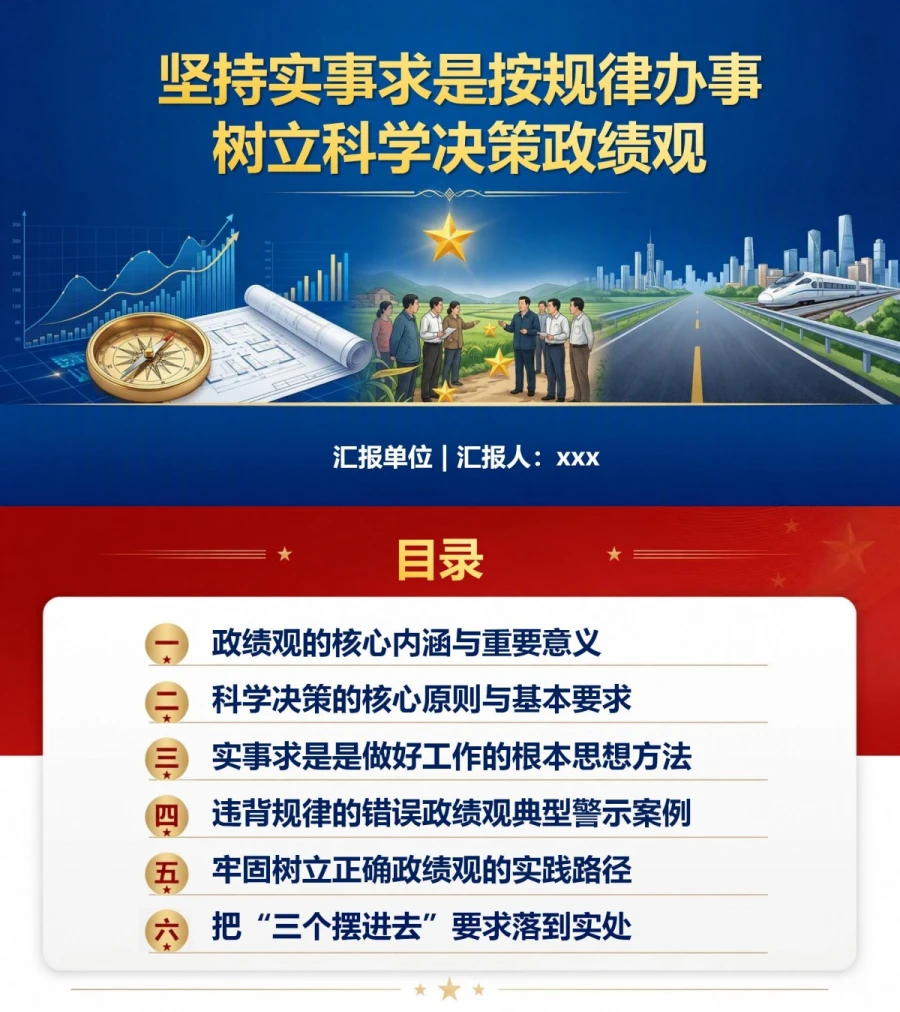 科学决策政绩观PPT：坚持实事求是按规律办事｜课件+讲稿封面图1