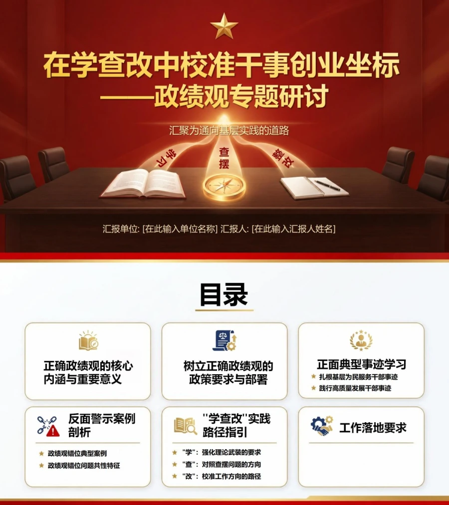政绩观专题研讨PPT：在学查改中校准干事创业坐标｜课件+讲稿封面图1