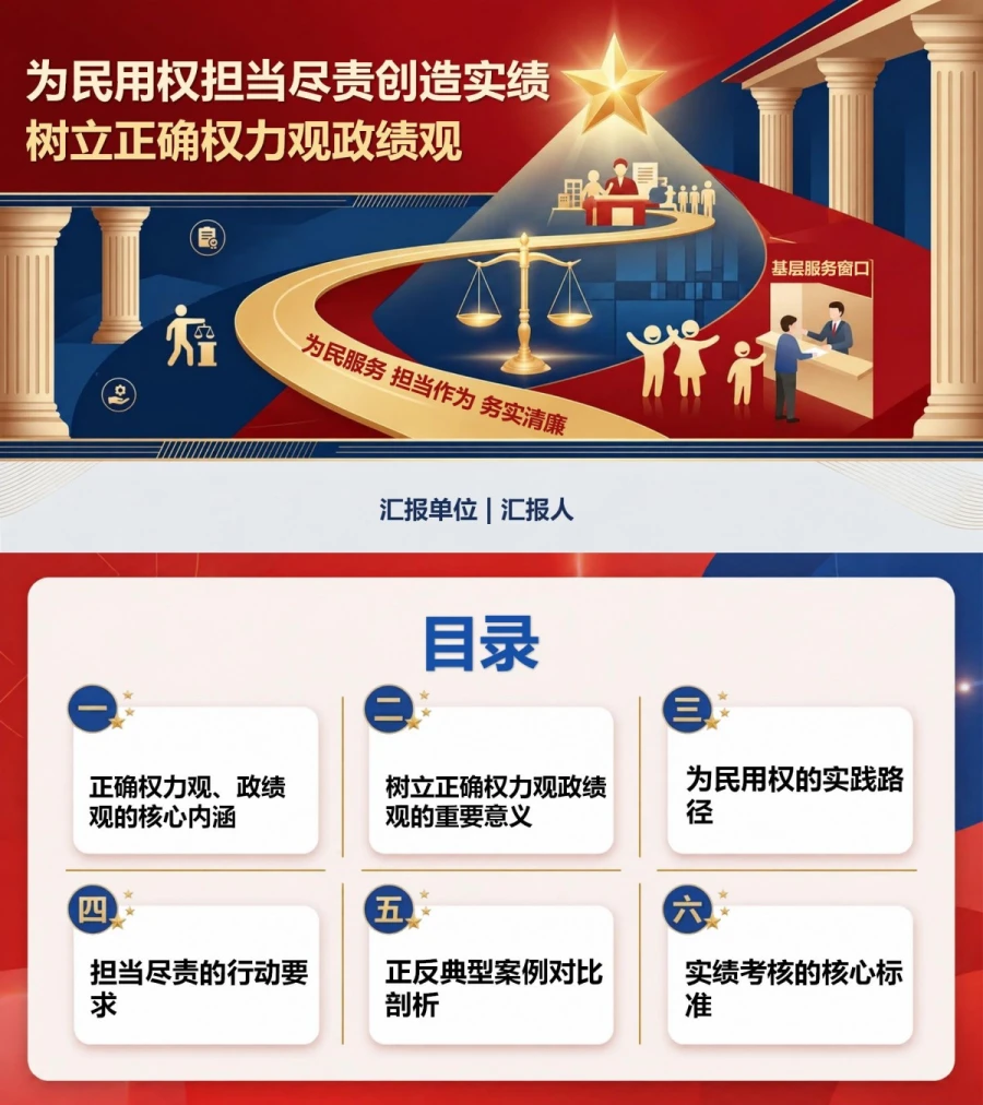 权力观政绩观PPT：为民用权担当尽责创造实绩｜课件+讲稿封面图1