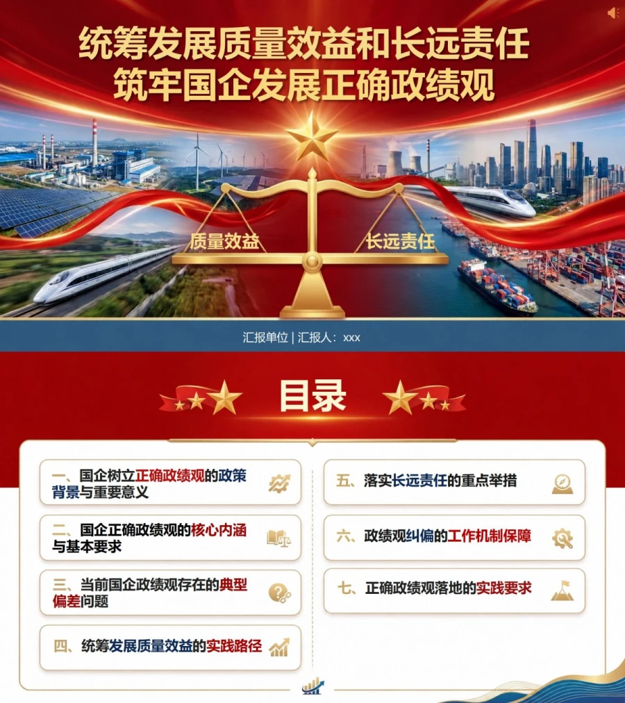 国企正确政绩观PPT：统筹发展质量效益和长远责任｜课件+讲稿封面图1