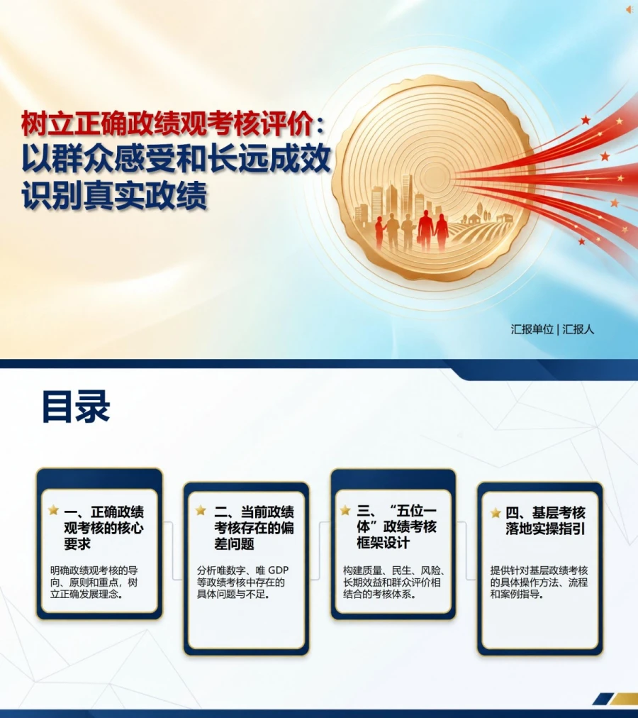 树立正确政绩观考核评价PPT：以群众感受和长远成效识别真实政绩｜课件+讲稿封面图1
