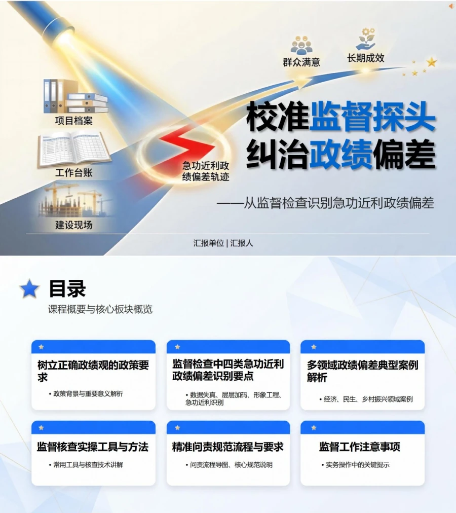 纪检干部树立正确政绩观PPT：从监督检查识别急功近利政绩偏差｜课件+讲稿封面图1