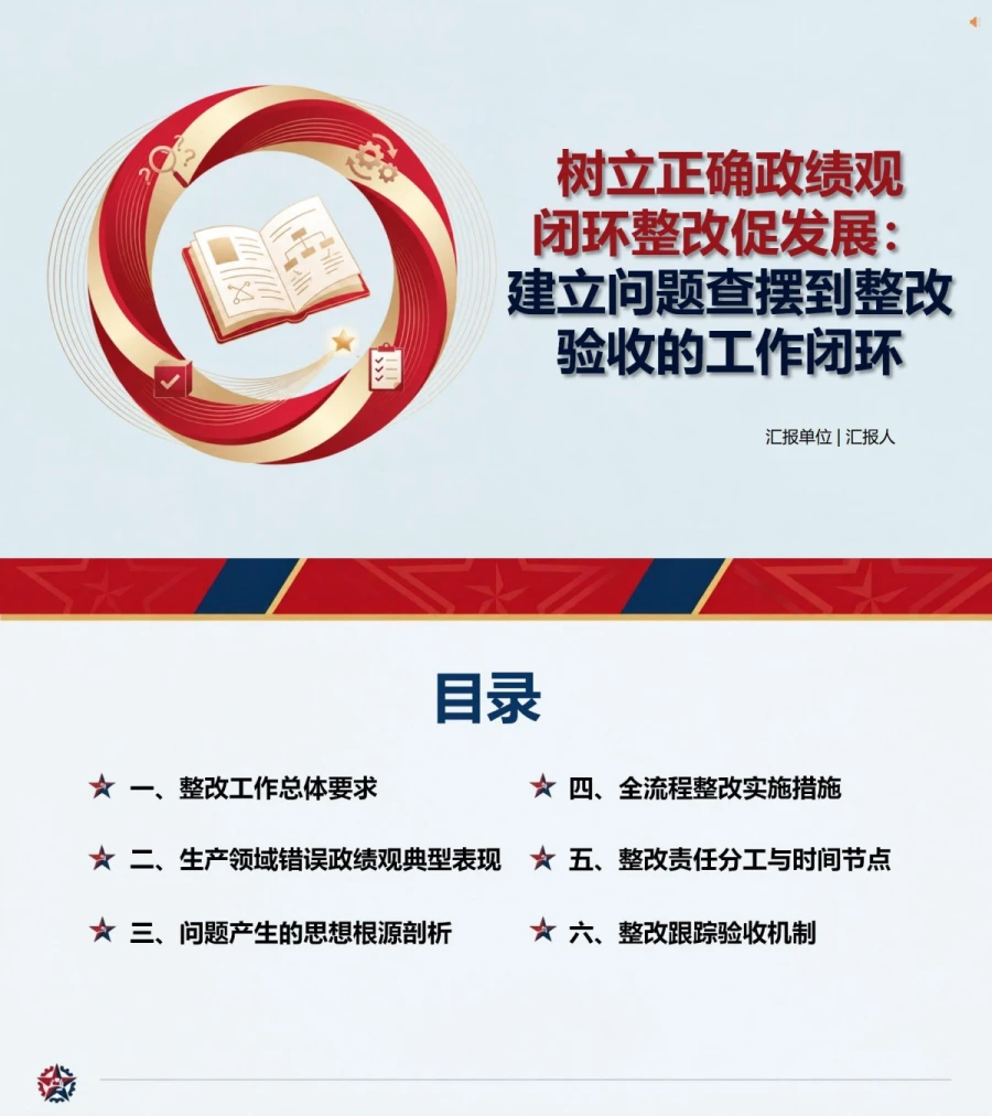 树立正确政绩观问题整改PPT：建立问题查摆到整改验收的工作闭环｜课件+讲稿封面图1