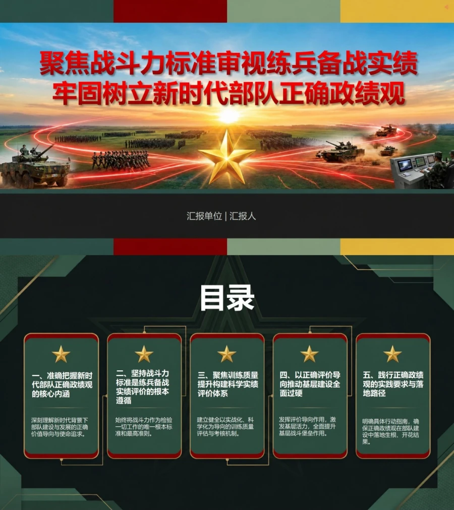 部队践行正确政绩观PPT：聚焦战斗力标准审视练兵备战实绩｜课件+讲稿封面图1