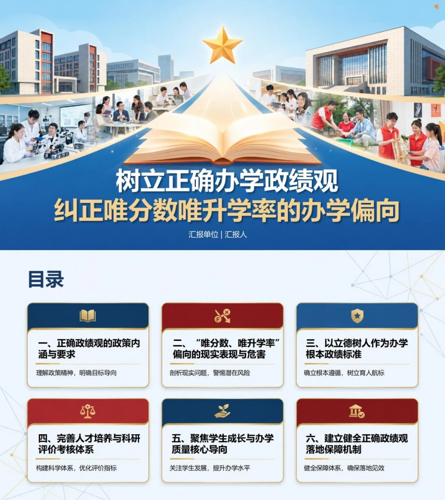 高校树立正确政绩观PPT：纠正唯分数唯升学率的办学偏向｜课件+讲稿封面图1