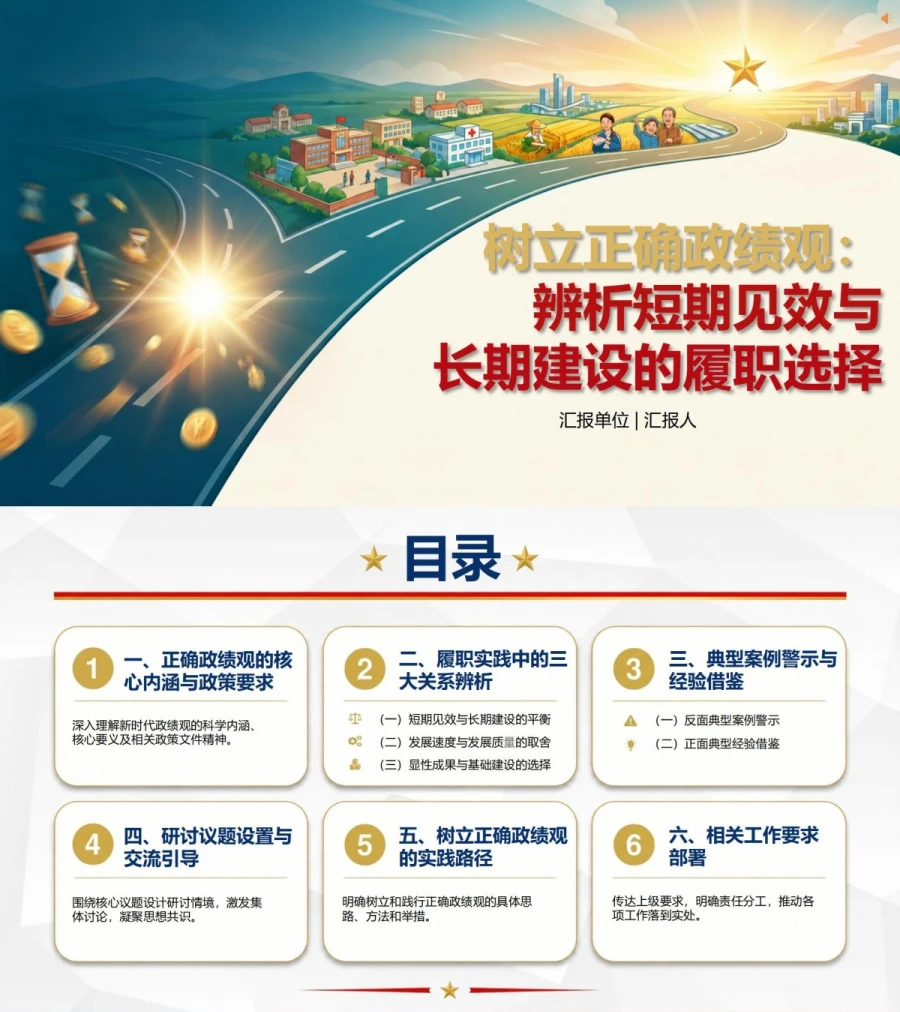 树立正确政绩观专题研讨PPT：辨析短期见效与长期建设的履职选择｜课件+讲稿封面图1