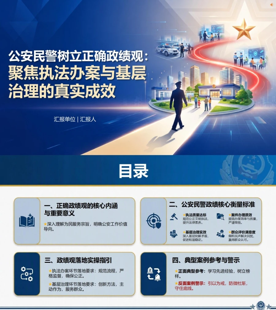 公安民警如何树立正确的政绩观PPT：聚焦执法办案与基层治理的真实成效｜课件+讲稿封面图1