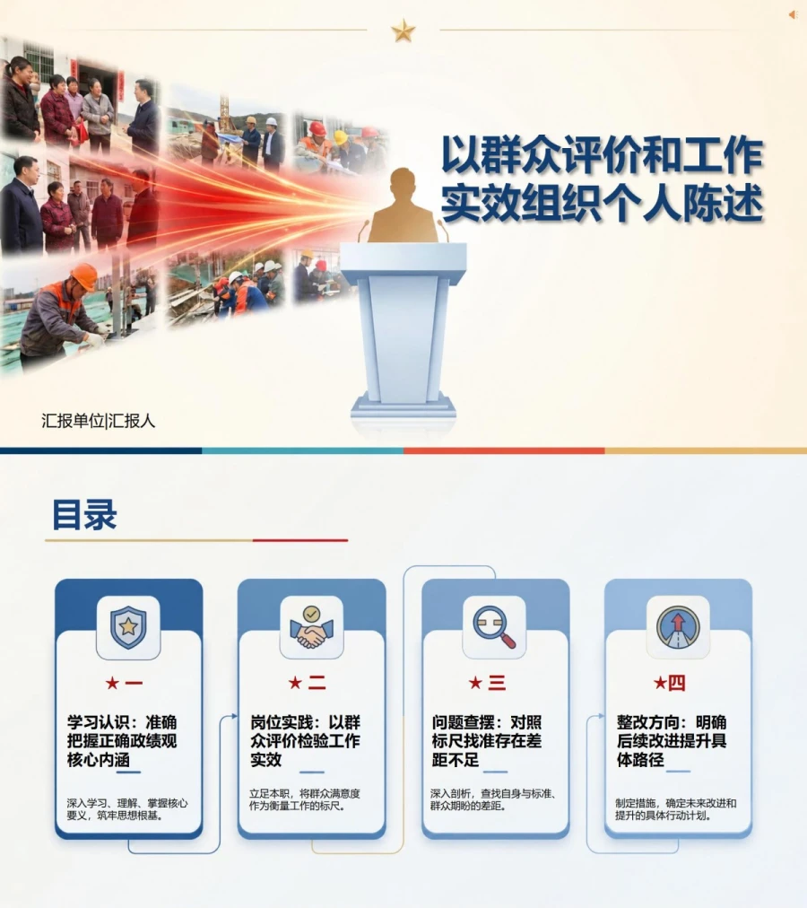 树立正确政绩观交流发言PPT：以群众评价和工作实效组织个人陈述｜课件+讲稿封面图1