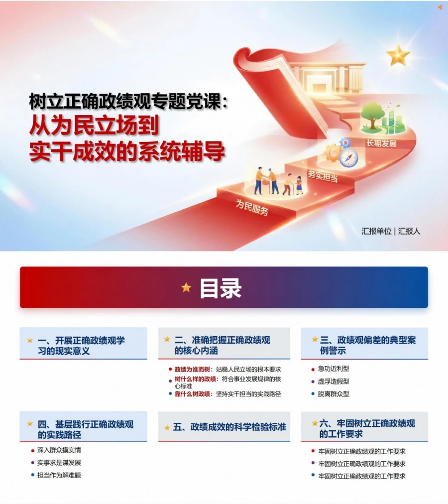 树立正确政绩观专题党课PPT：从为民立场到实干成效的系统辅导｜课件+讲稿封面图1