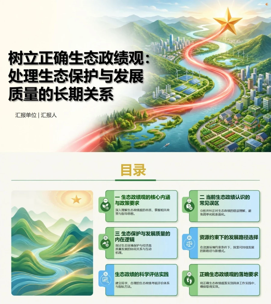 树立正确生态政绩观PPT：处理生态保护与发展质量的长期关系｜课件+讲稿封面图1