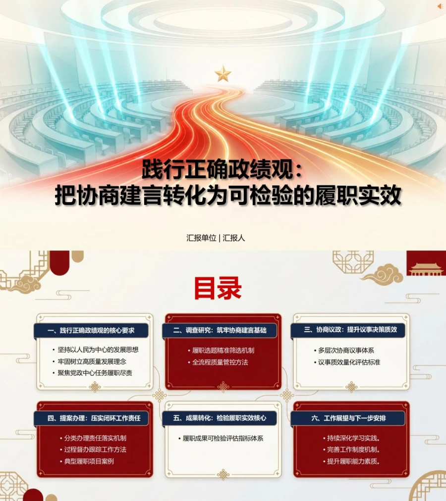 政协践行正确政绩观PPT：把协商建言转化为可检验的履职实效｜课件+讲稿封面图1