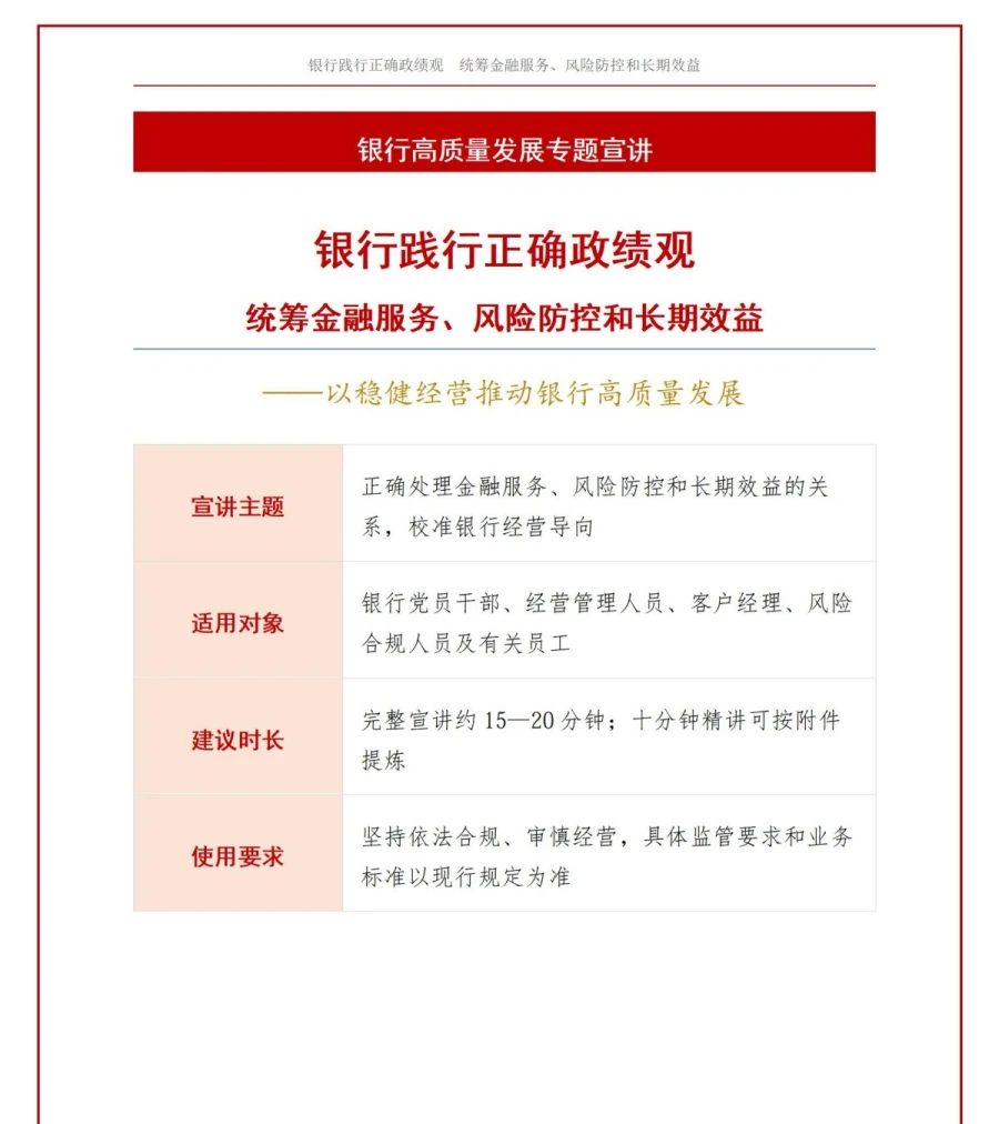 银行践行正确政绩观PPT：统筹金融服务风险防控和长期效益｜课件+讲稿讲稿预览1