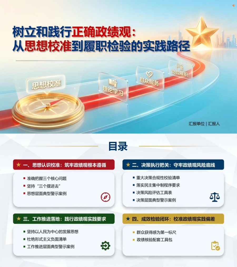 践行正确政绩观措施PPT：从思想校准到履职检验的实践路径｜课件+讲稿封面图1