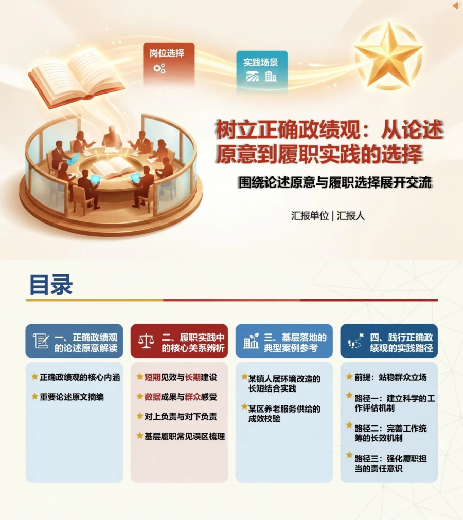 政绩观论述研讨PPT：围绕论述原意与履职选择展开交流｜课件+讲稿封面图1