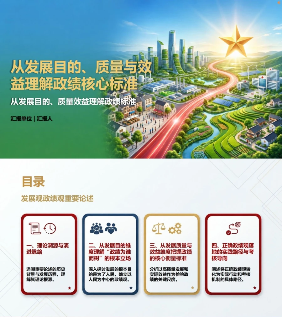 发展观政绩观重要论述PPT：从发展目的质量效益理解政绩标准｜课件+讲稿封面图1