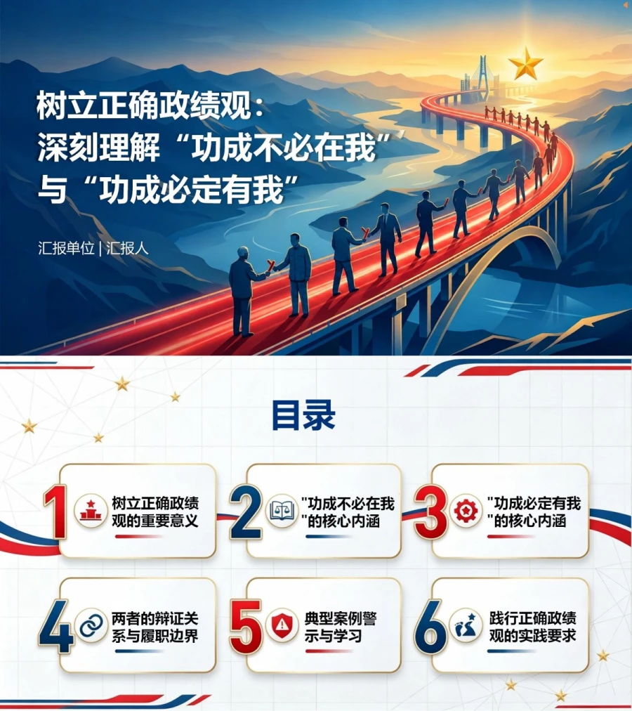 两个成语论述政绩观PPT：理解功成不必在我和功成必定有我｜课件+讲稿封面图1