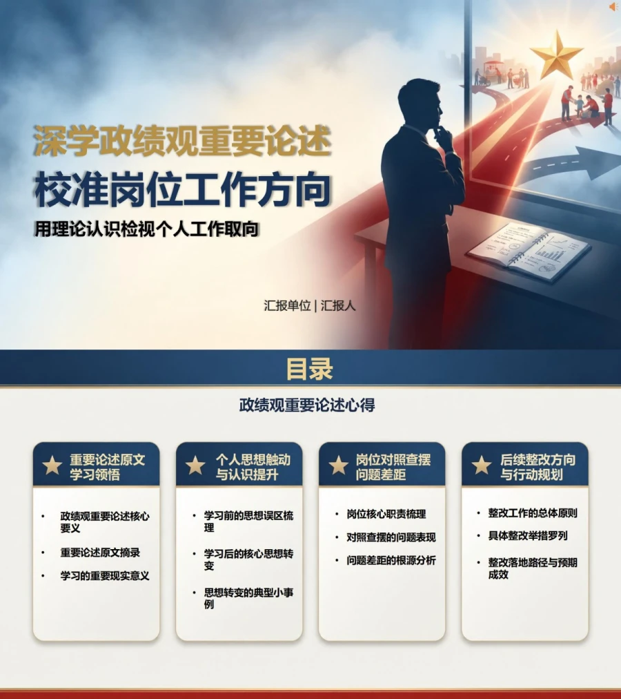 政绩观重要论述心得PPT：用理论认识检视个人工作取向｜课件+讲稿封面图1