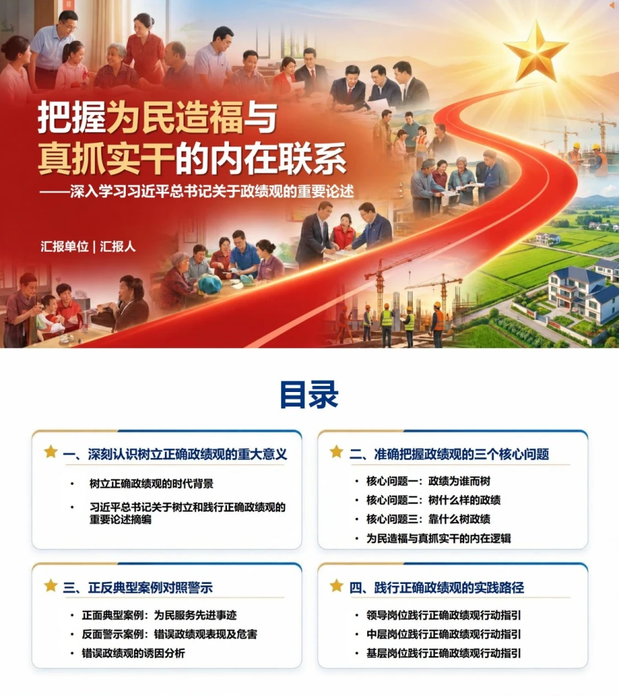 习近平政绩观论述PPT：把握为民造福与真抓实干的内在联系｜课件+讲稿封面图1